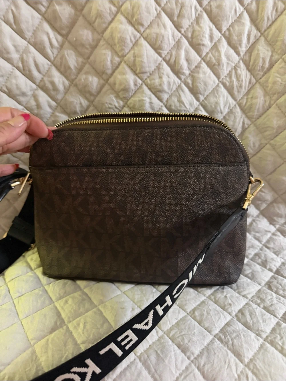 Michael Kors Brown MK Logo Crossbody with Black Strap